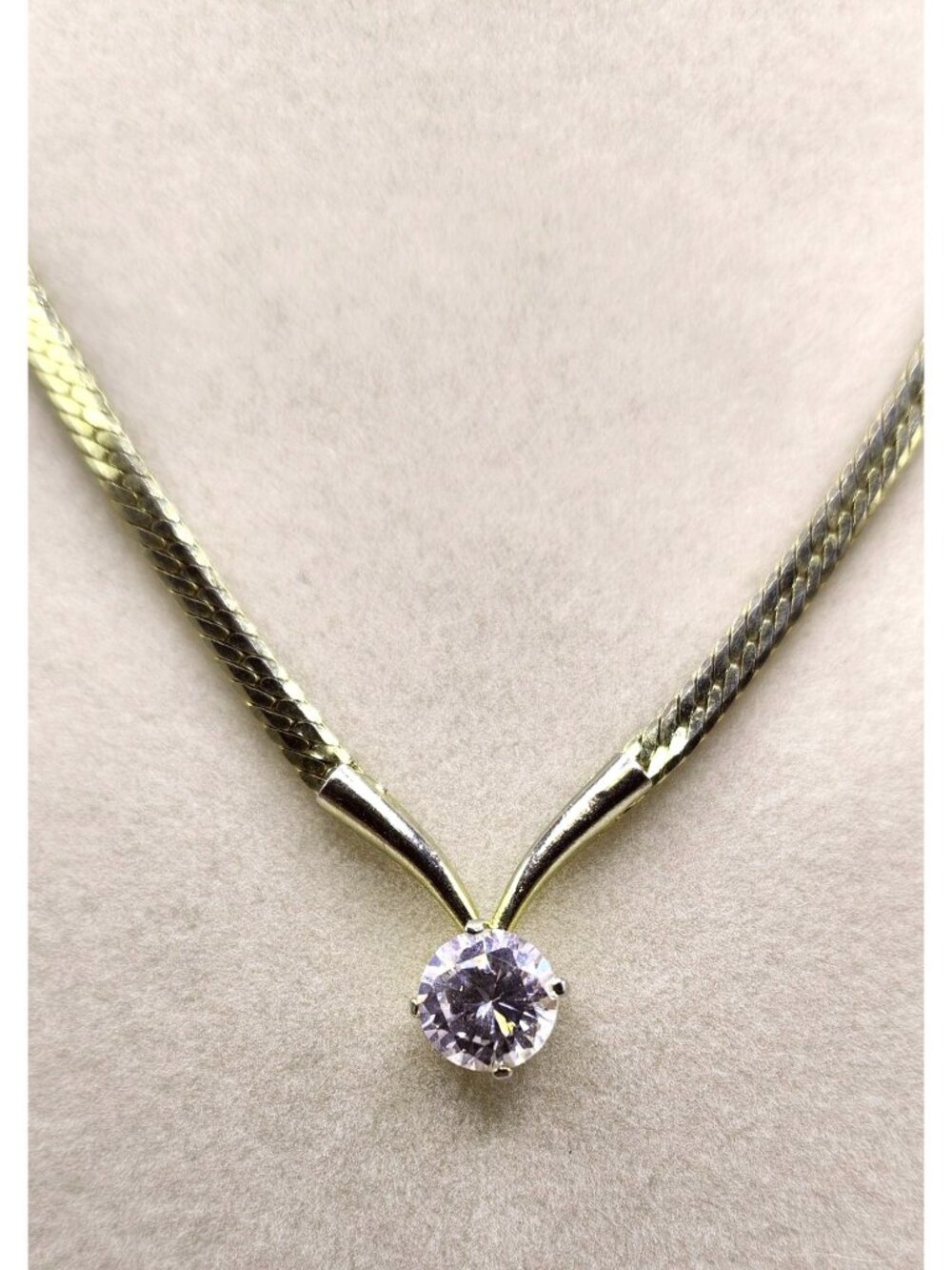 Solitaire Cubic Zirconia Prong Set  15" V Shape Necklace
